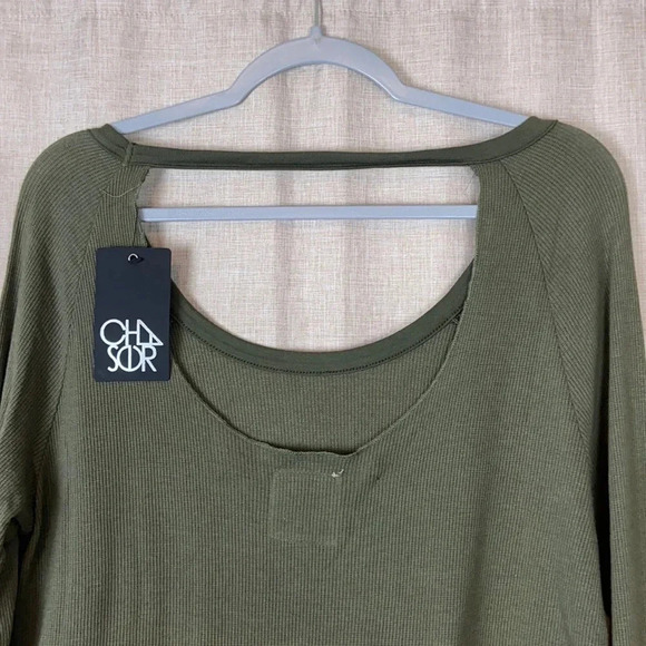 Chaser Olive Green U-Neck Waffle Knit Top NEW - Picture 3 of 4